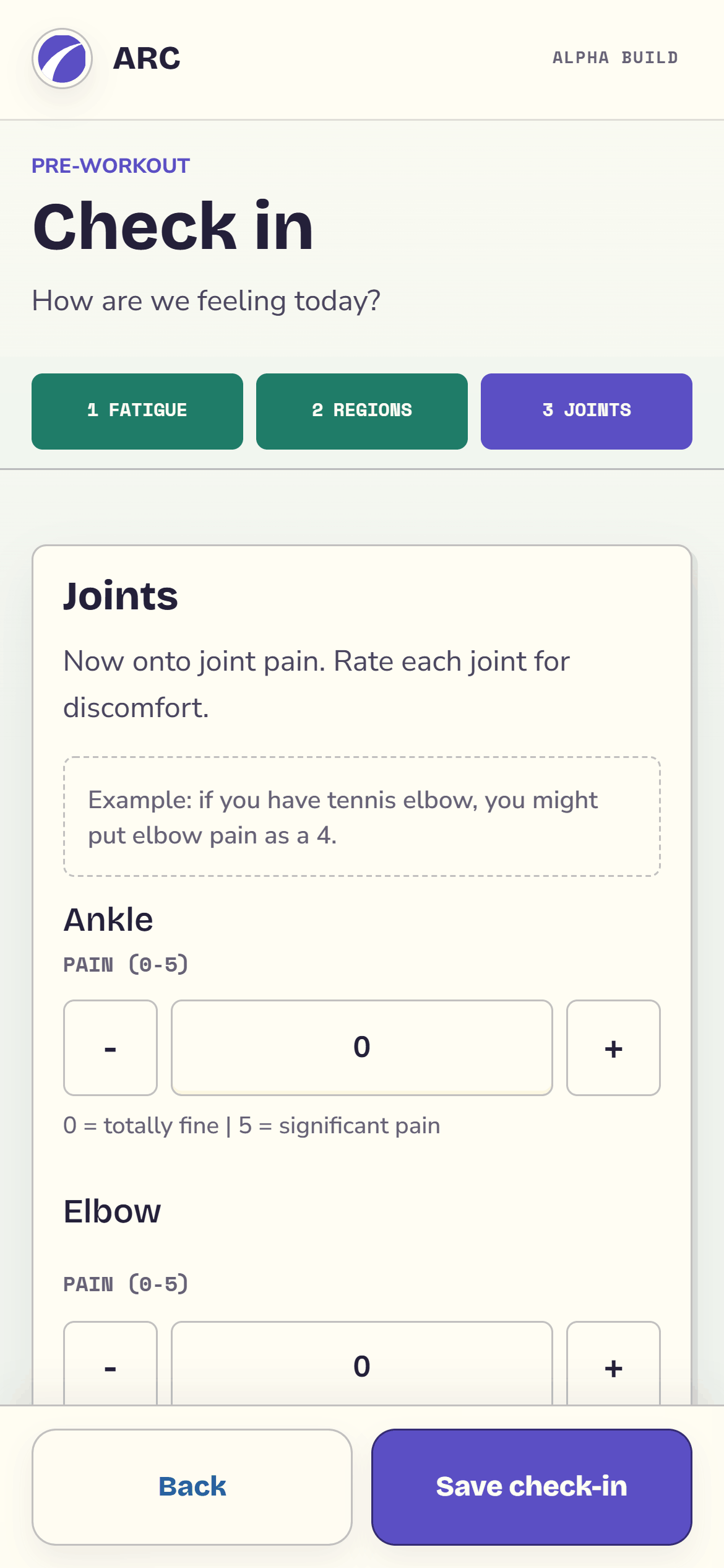 ARC mobile check-in screen with soreness and discomfort controls