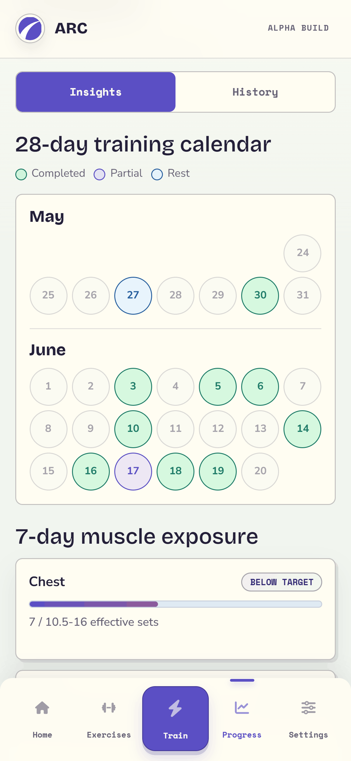 ARC progression insights with training calendar and muscle exposure