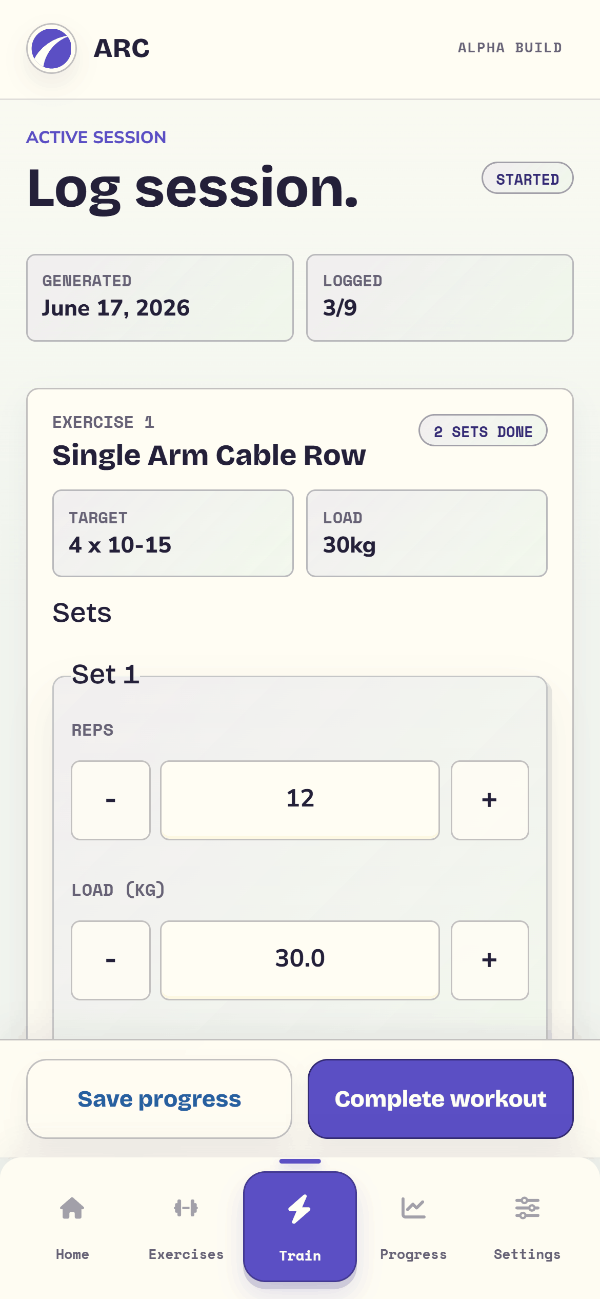 ARC active session screen for logging reps and load