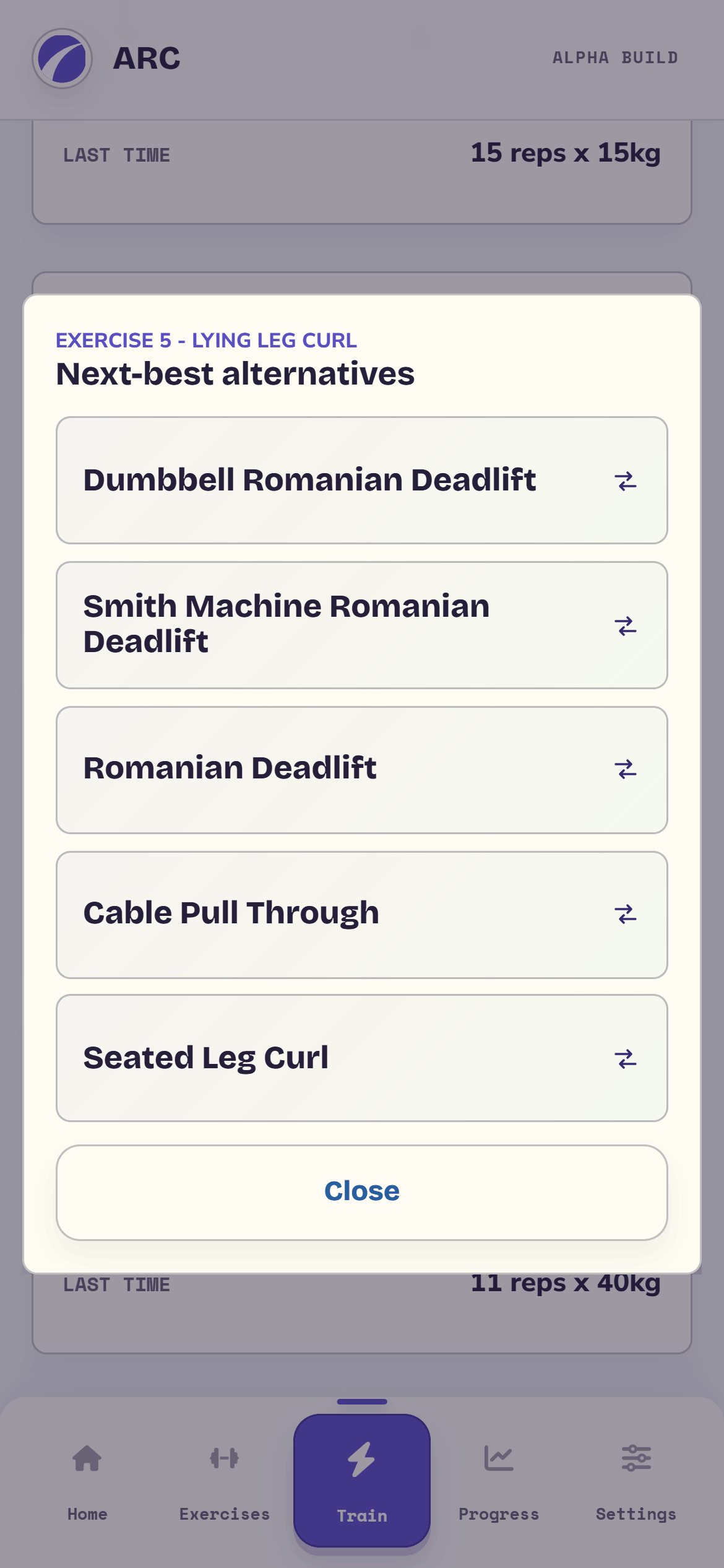 ARC generated workout showing an exercise alternatives dialog